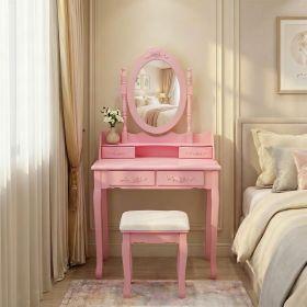 Pink Princess Wooden Vanity Desk Set, Makeup Table with Mirror, Cushioned Stool & 4 Drawers for Girls' Bedroom
