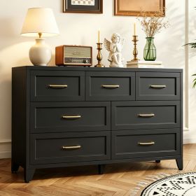 7-Drawer Dresser, Wide Low-Profile Storage Cabinet, Black Metal Chest of Drawers for Bedroom, Living Room & Entryway