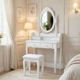 Princess Style White Vanity Desk with Mirror & Cushioned Stool, 4-Drawer Wooden Makeup Table with Storage