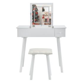 Vanity Table Set with LED Mirror, Flip Top Makeup Dressing Table Writing Desk with Cushioning Makeup Stool Set, 2 Drawers, White