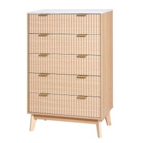 5 Fluted Drawer Dresser, Wooden Chest of Drawers with Sliding & Anti-tip Device, Modern Minimalist Dresser Chest