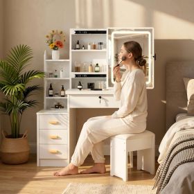Vanity Desk with Sliding Mirror and Lights, Makeup Vanity Set with 4 Drawers, Stool, Open Shelves, 3 Color Adjustable Lighting Modes (Color: White)