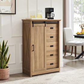 5 Drawers Dresser w/Sliding Barn Door, Farmhouse Modern Tall Dresser 5 Chest of Drawers, Storage Organizer Dresser for Bedroom, Hallway, Living R (Color: oak, Material: MDF+Metal)